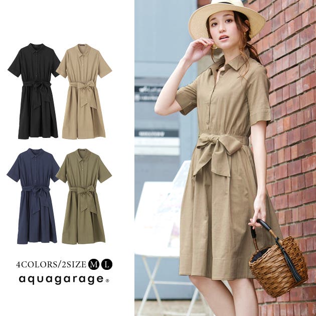 シャツワンピース 2way リボン[品番：QU000005100]｜aquagarage