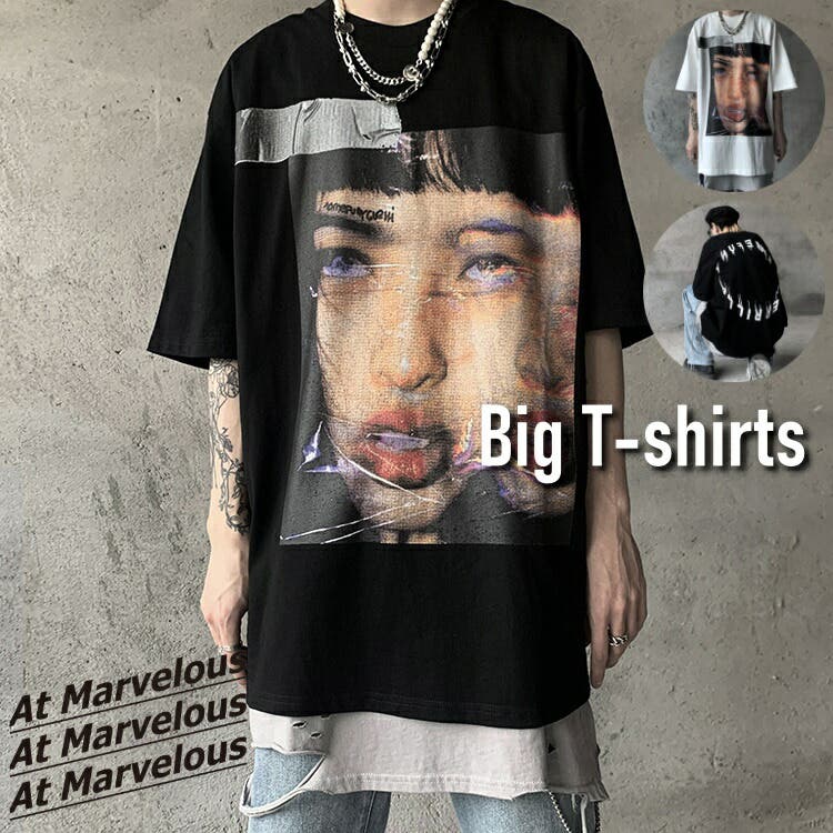 転写プリントビッグTシャツ 半袖 ストリートファッション メンズ