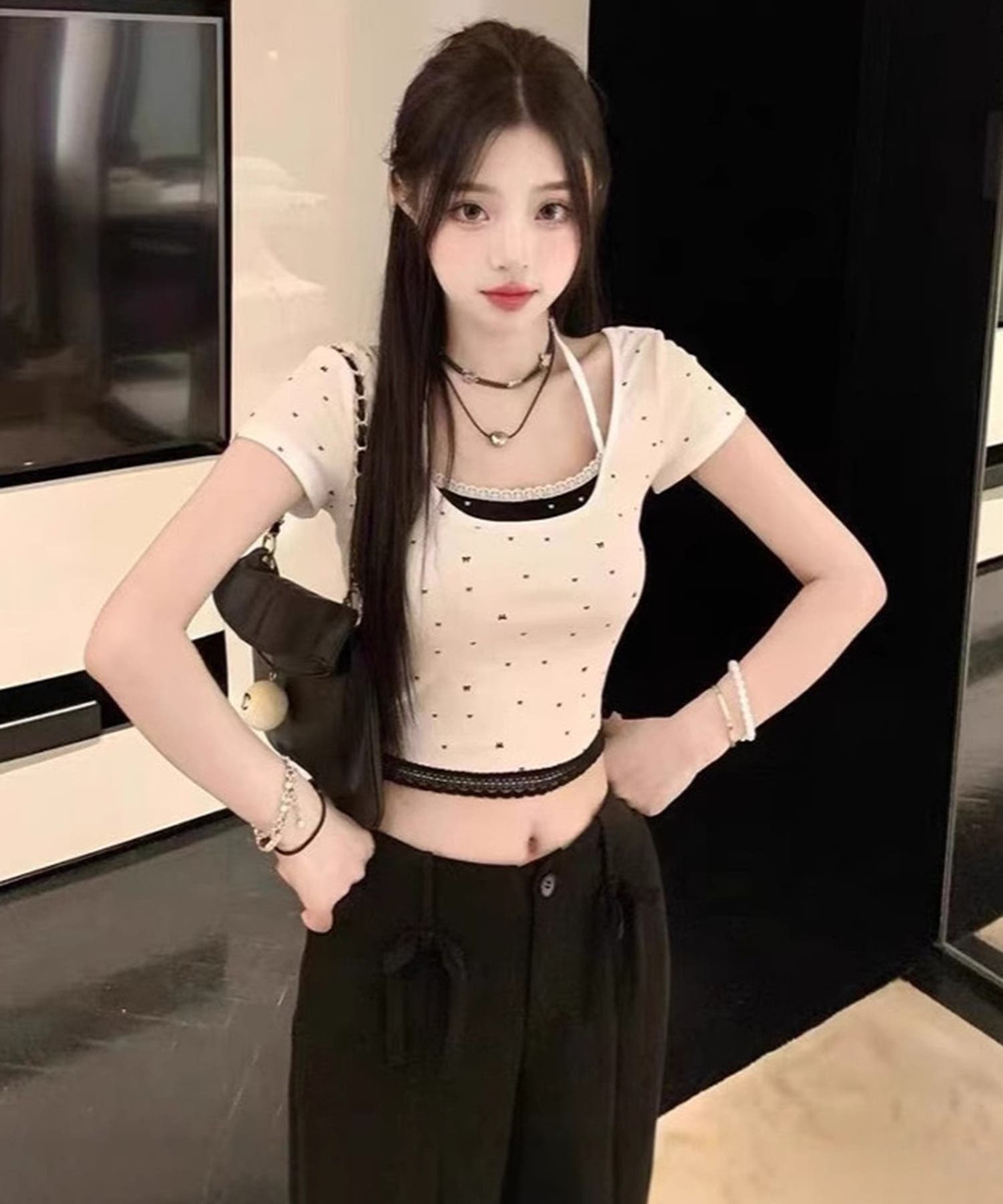 ドット レースホルターネック フェイクレイヤードトップス Tシャツ