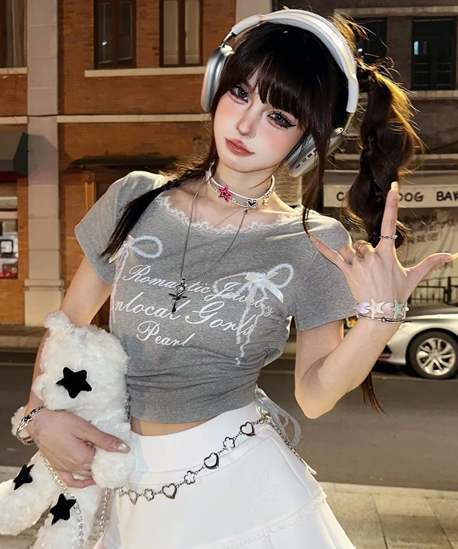 サイドギャザー リボンデザインレースTシャツ[品番：MVOW0009693