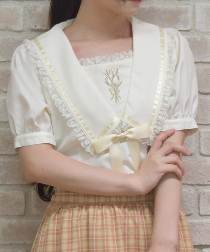 リボン付チューリップ刺繍ブラウス[品番：IGAW0006348]｜axes