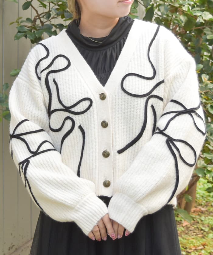 リボンテープ風刺繍ニットカーディガン[品番：IGAW0005763