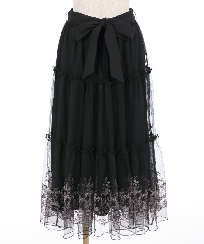 クボサンメイド 刺繍のティアードスカート/ 黒 kubosanmade クボサンメイド 刺繍のティアードスカート Mサイズ
