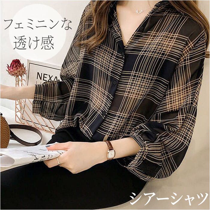 長袖チェックシアーシャツブラウス[品番：BCYW0039774]｜BACKYARD