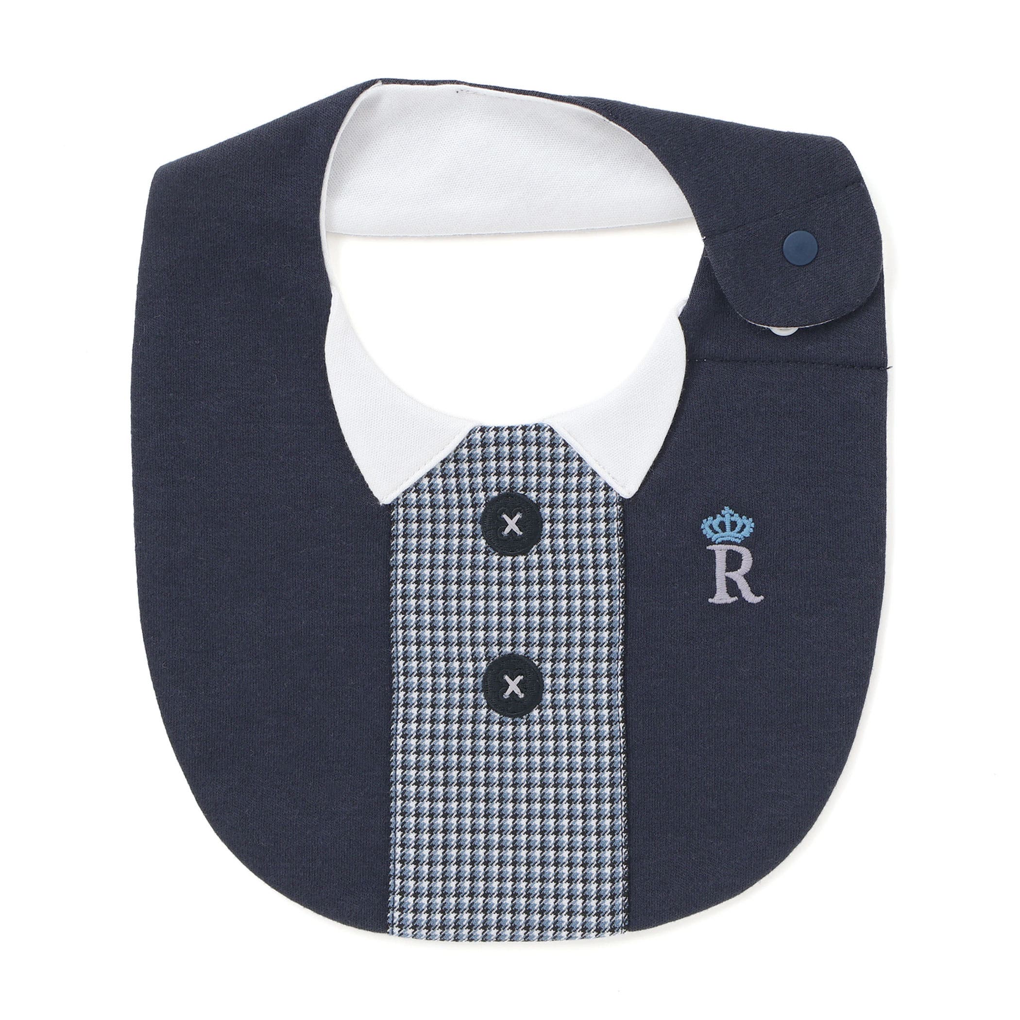 送料無料 紺色チェック襟×ライオン柄 襟付きスタイ