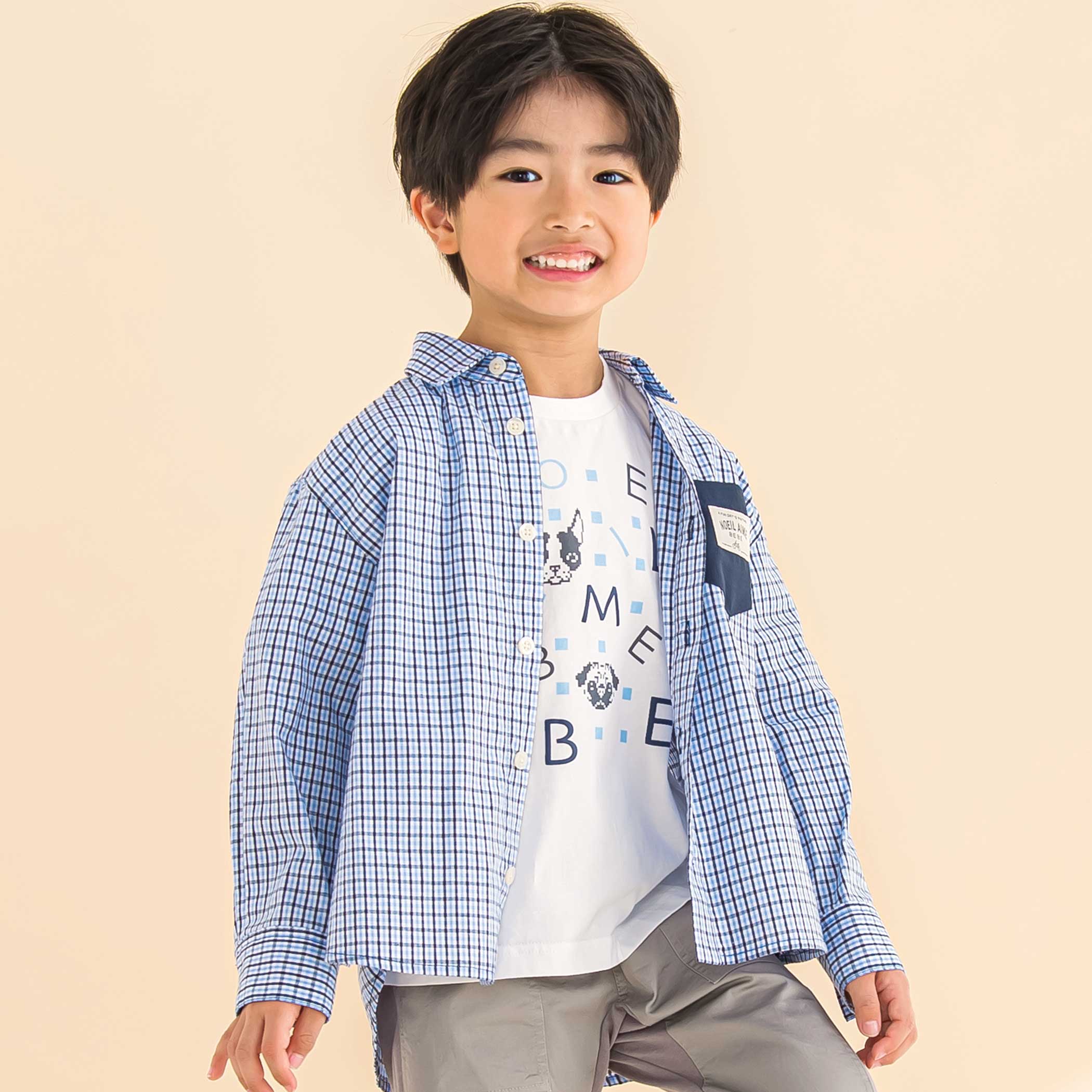 ギンガムチェックシャツ+Tシャツセット(80~130cm)[品番