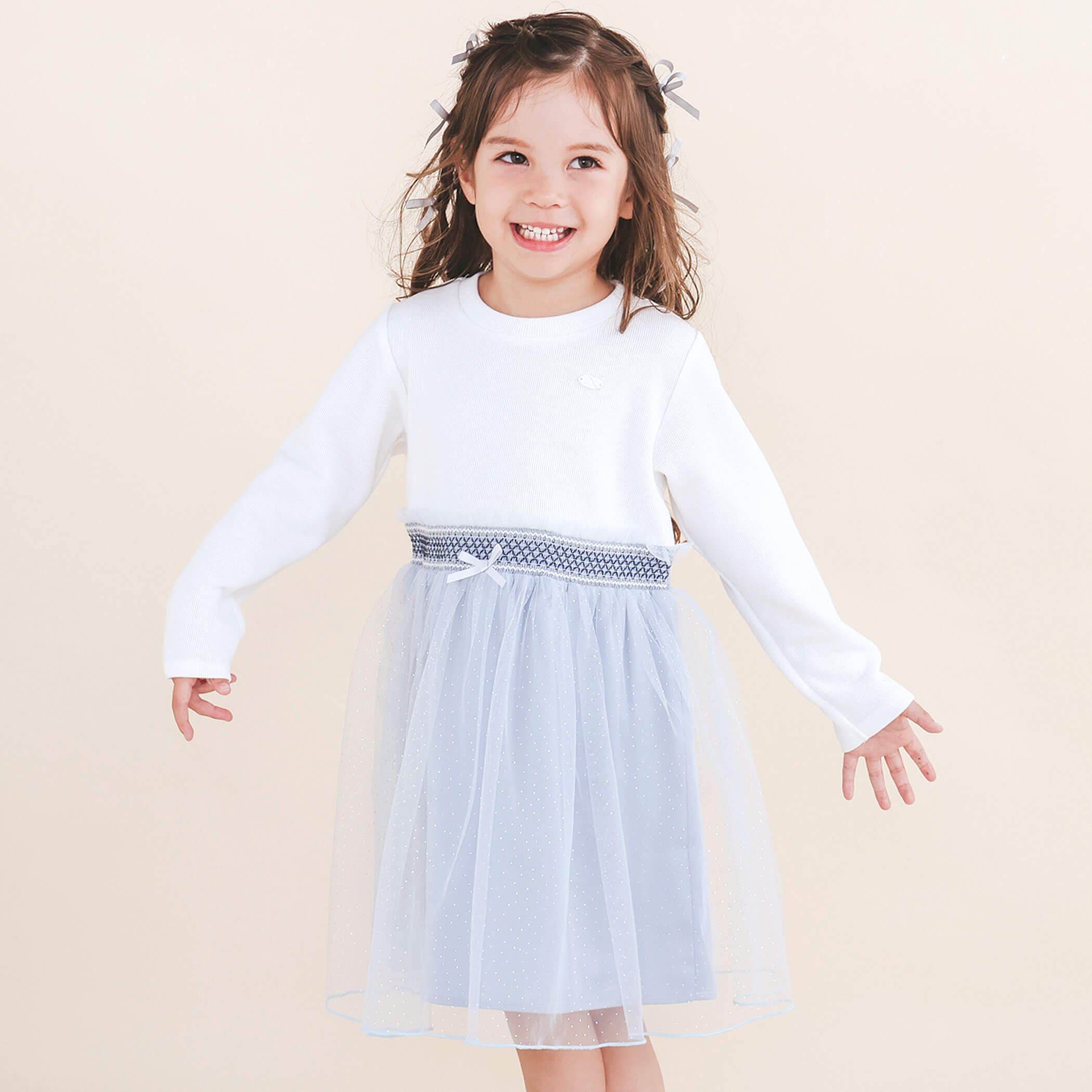 ドット柄ラメプリントチュールドッキングウエストスモッキング ドット柄ラメプリントチュールドッキングウエストスモッキング