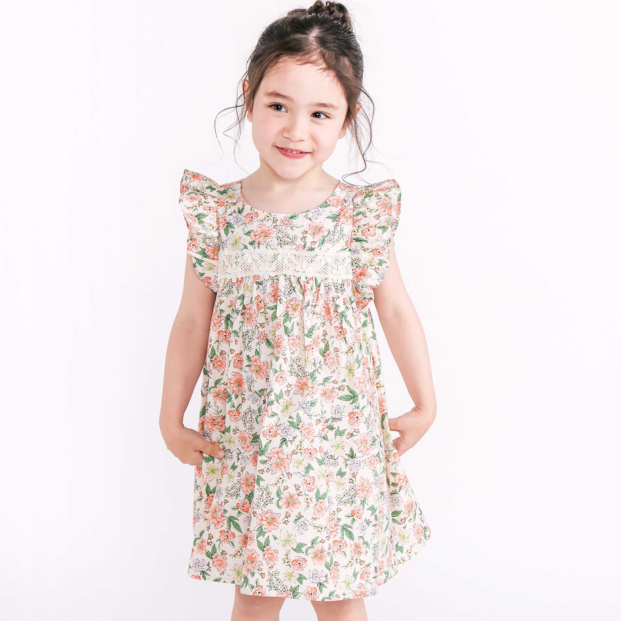 袖フリル後ろオープンハート花柄ワンピース(90~130cm)[品番