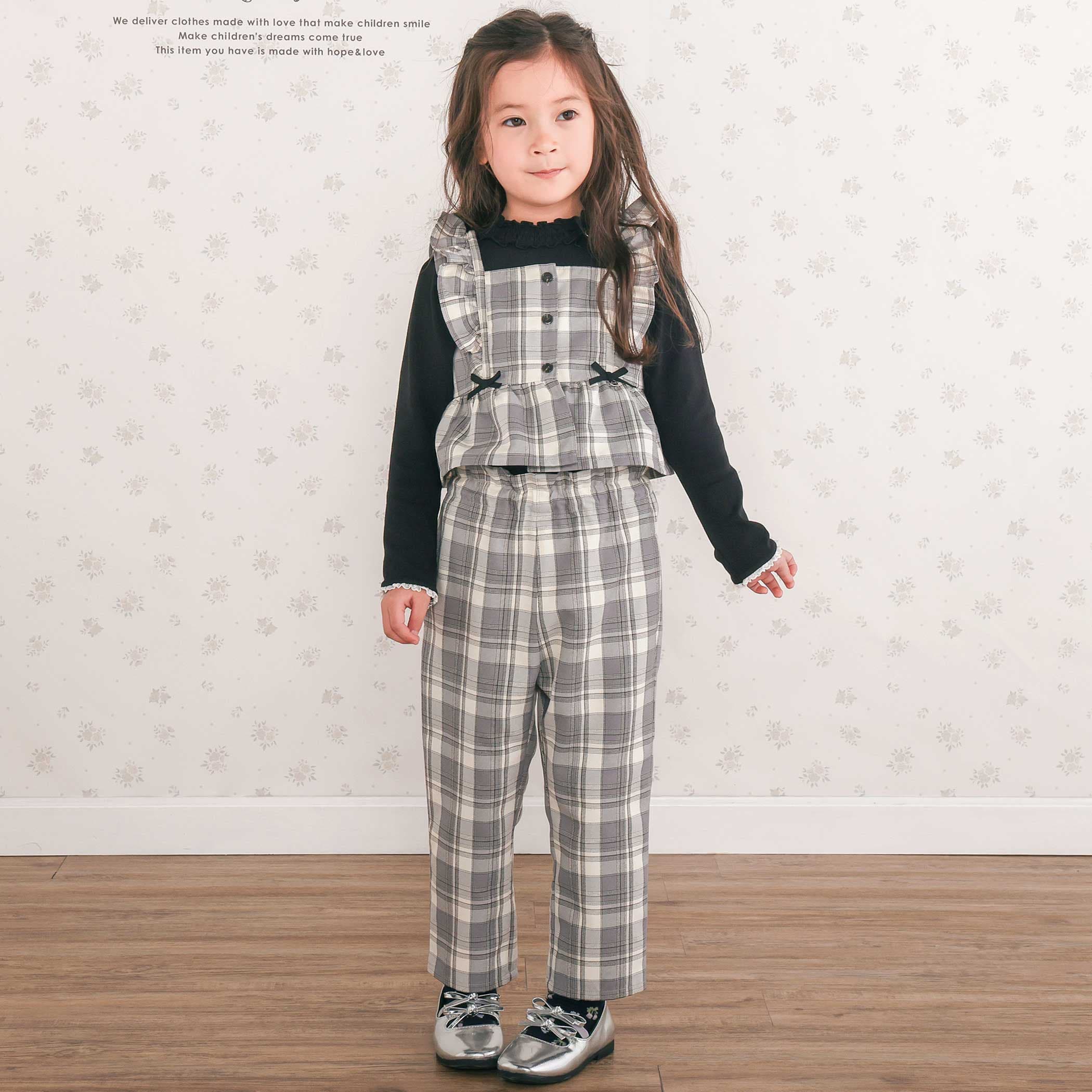 お揃い】ヘリンボーンチェックフリルビスチェ+パンツセットアップ(80