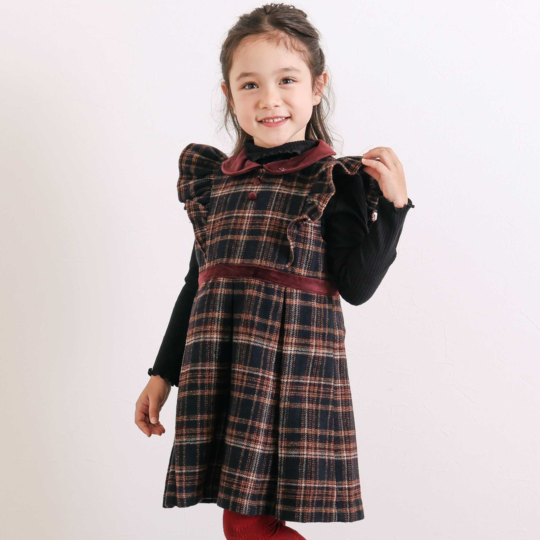 お揃い】襟付きタックスカートチェックジャンパースカート(90~130cm
