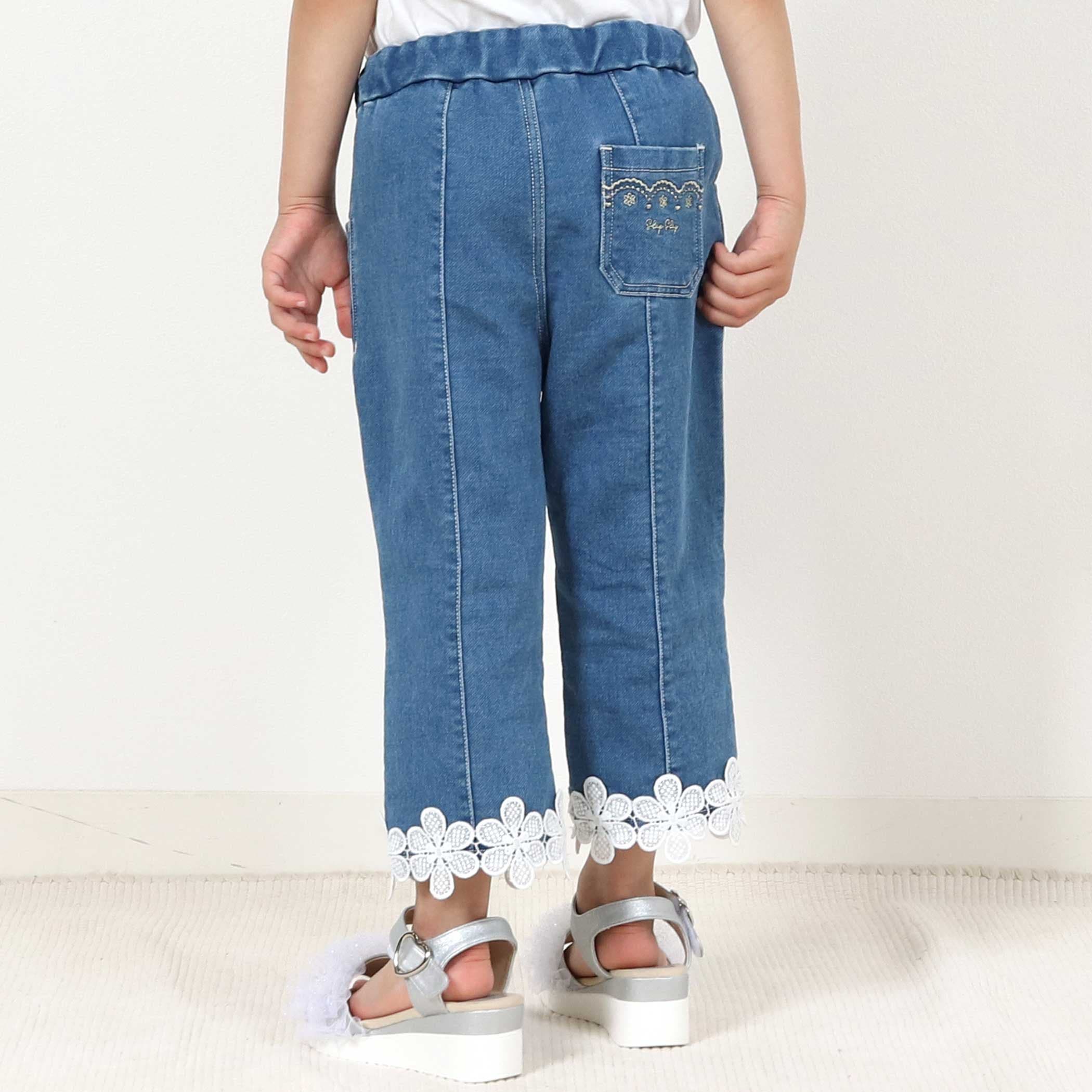 裾お花レースデニムニットセンタータック7分丈パンツ(80~130cm
