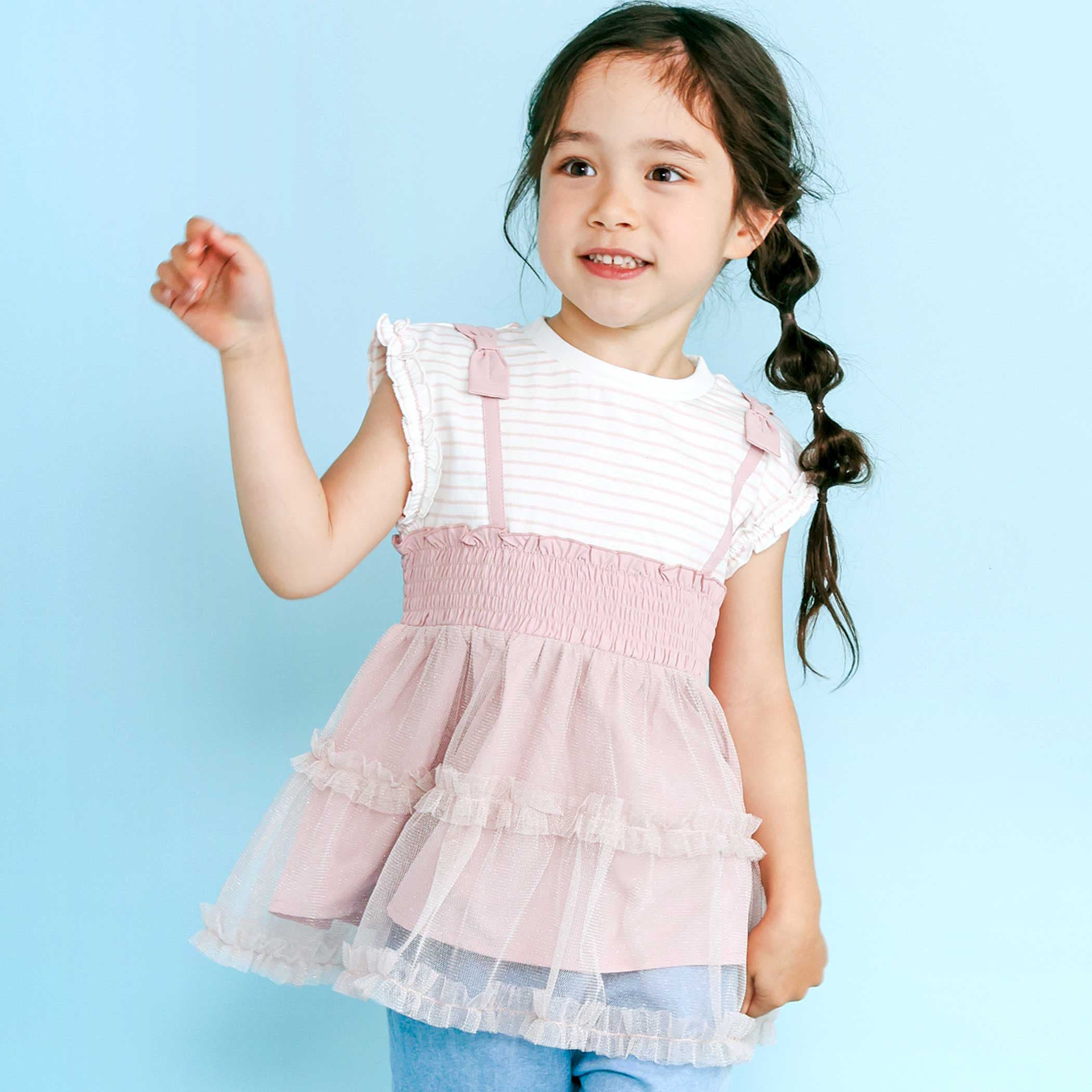 肩リボンチュールキャミソールドッキングTシャツ(80~130cm)[品番