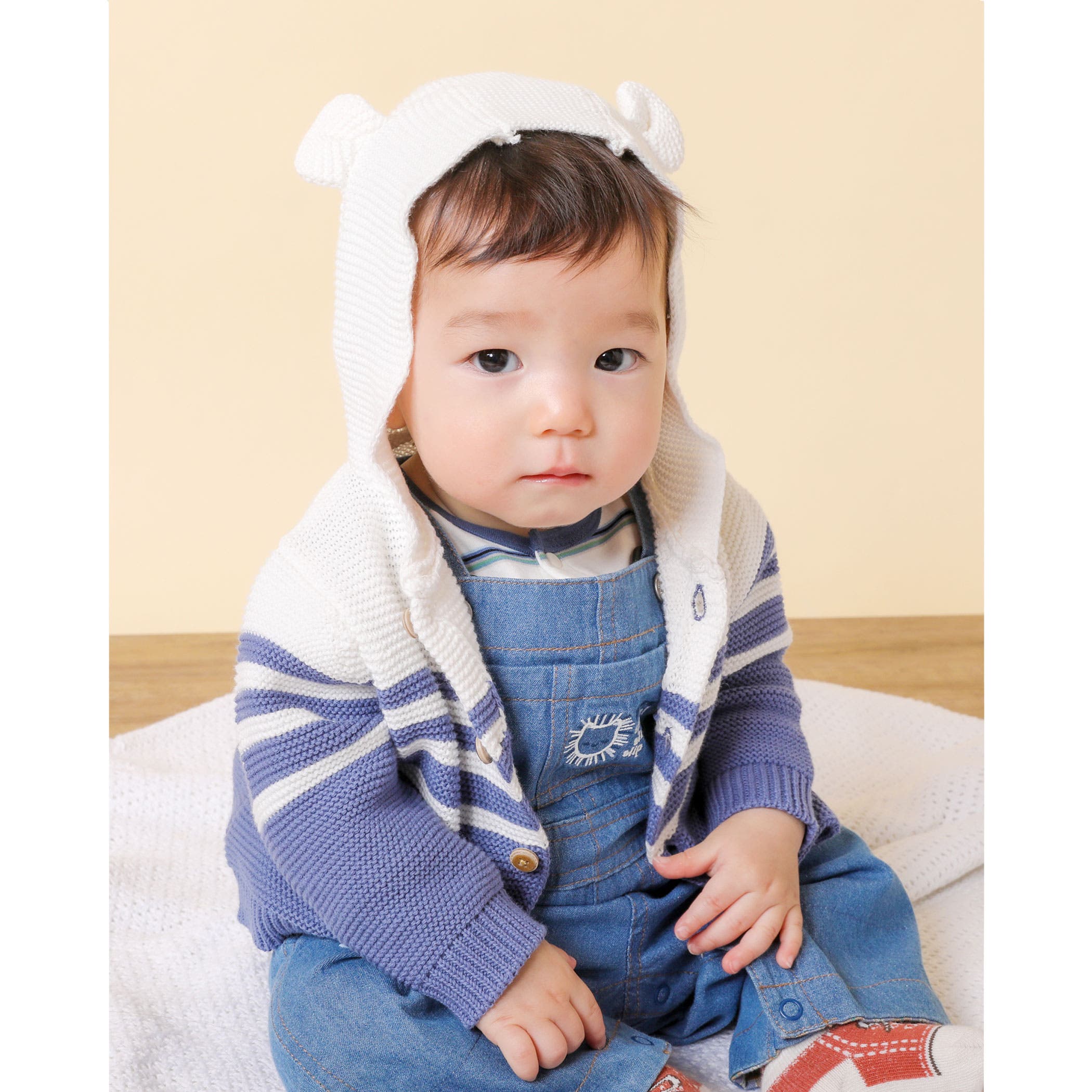 ラルフローレン ベビー くま耳 カーディガン インスタ ニット 水色 赤ちゃん クマ 立体 耳 付 ニット カーディガン ベビー (70~80cm)[品番