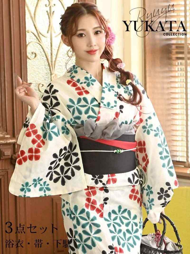白い花柄 浴衣のみ hitotoki_ykt001kim-3