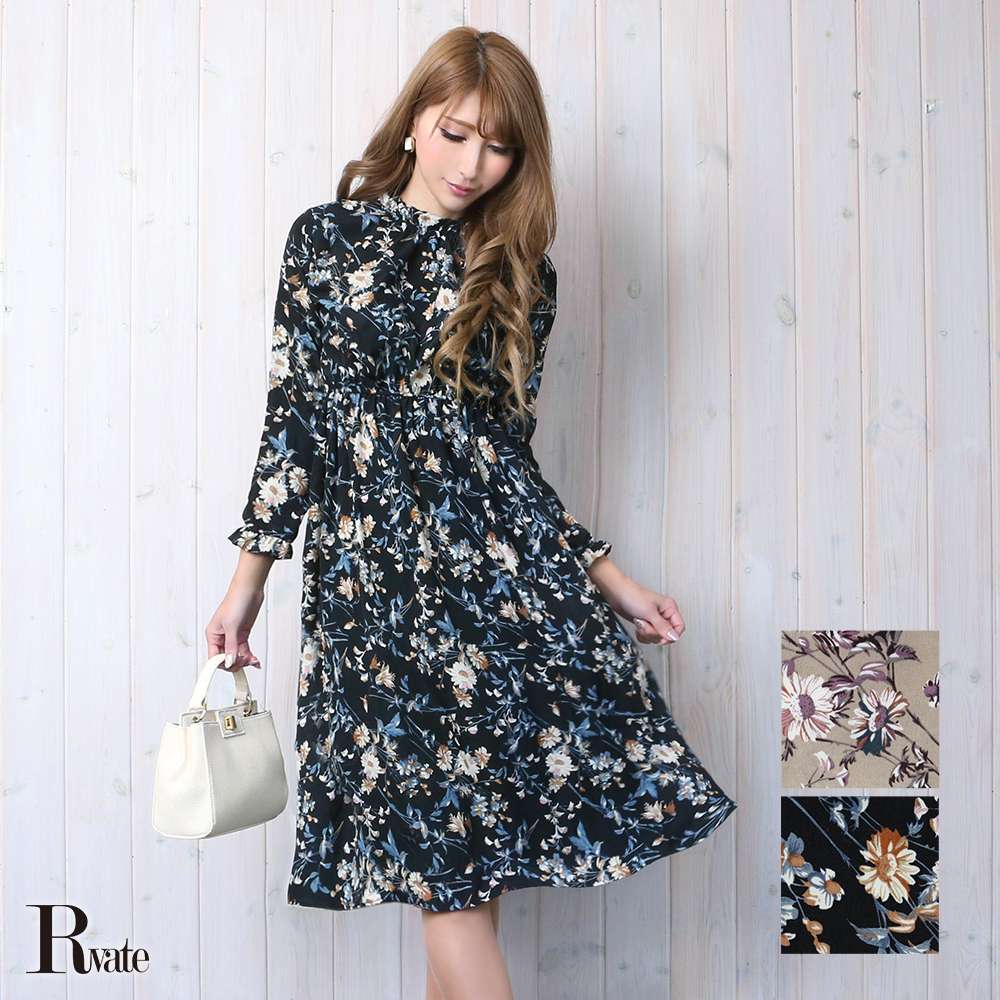 ワンピース 花柄シフォン長袖ワンピース 膝丈フレアーワンピース