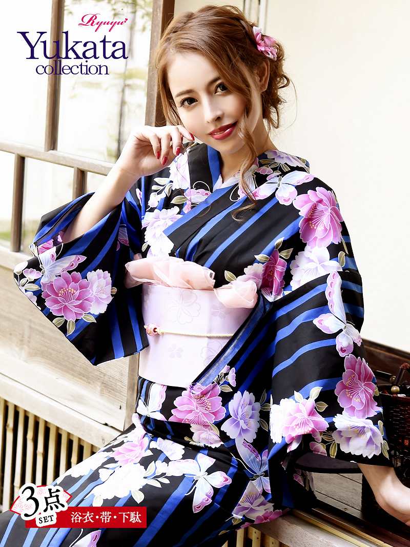 ブラック牡丹和華柄2WAYワンピース浴衣【Ryuyu】 美品 ブラック牡丹和