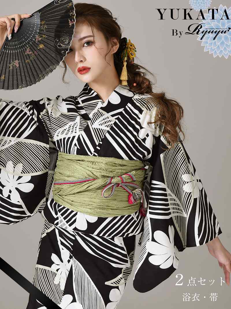 浴衣 黒 リーフ[品番：RV000008797]｜Ryuyu（リューユ）｜レディース