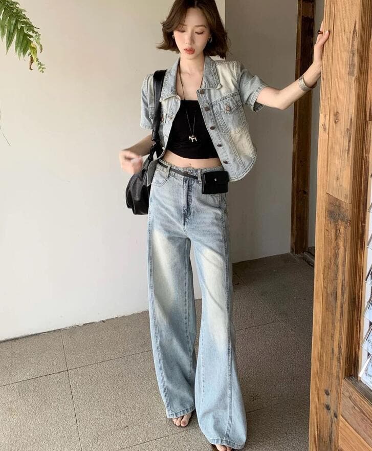 半袖デニムジャケット × ハイウエストワイドデニムパンツ セットアップ
