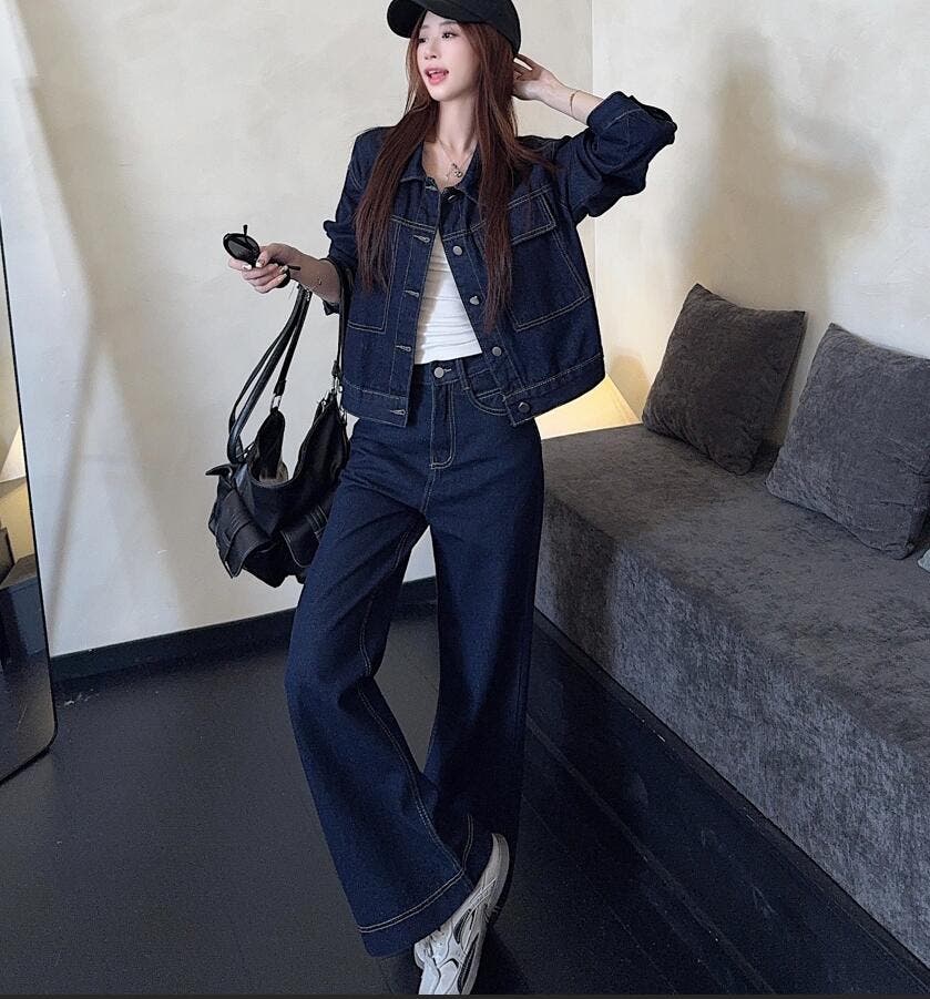 デニム ショートジャケット ボタンファスナー ワイドレッグデニム