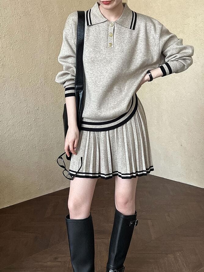 ポロネックニットトップス プリーツスカート セット[品番