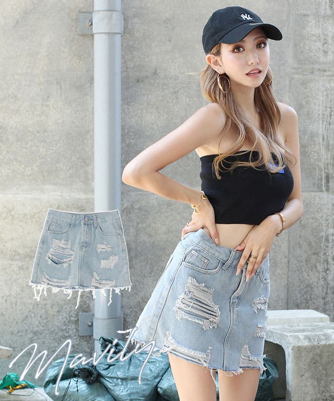 ダメージデニムスカパン【ちゃんかお着用】mavily[品番：BCQW1876452