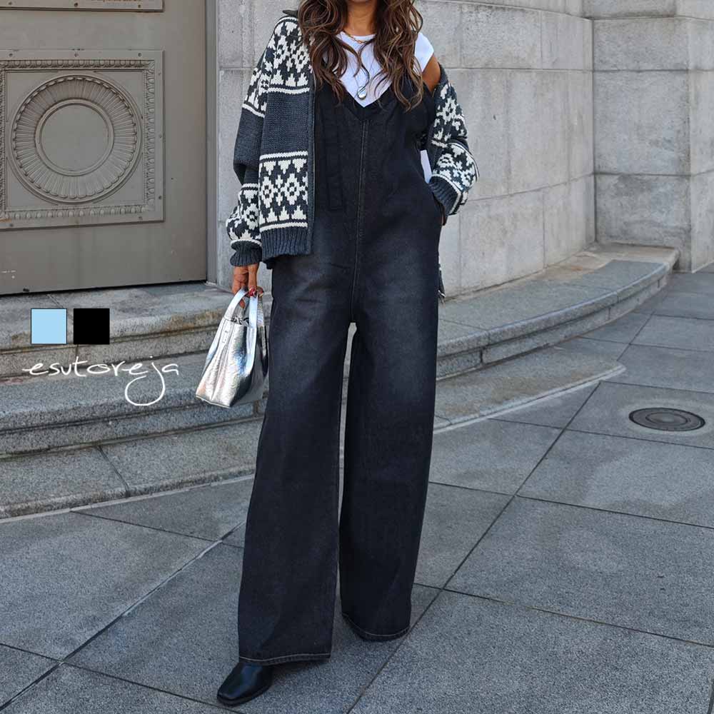 お値下げ『esutoreja 』Vネックdenimオールインワン Vネックデニムサロペットesutoreja ワンピース スタイルアップ[品番
