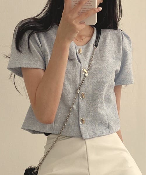 Blumarine サマーツイード風 ジャケット 40 Mくらい ブルマリン ツイードジャケット パステルブルー×ピンク #40