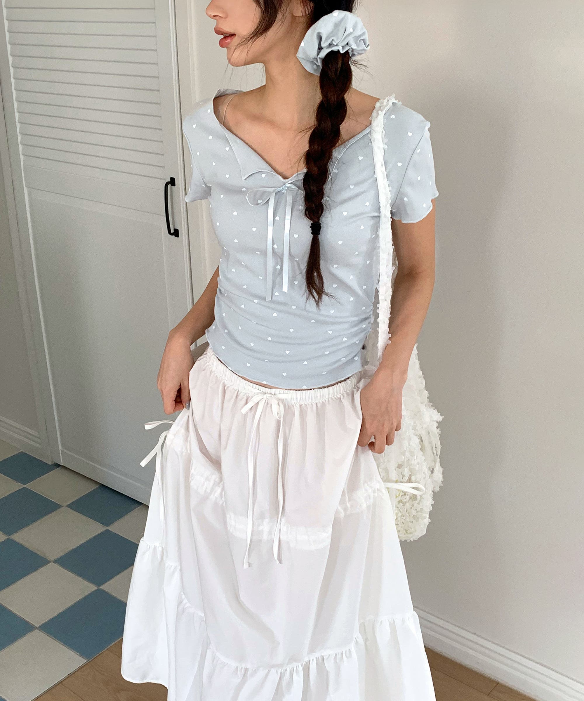 ハートシャーリングリボンVネックT+ヘアシュシュセット[品番