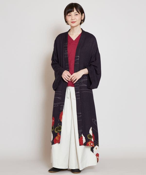 タグ付 倭物やカヤ　着物風ガウン　羽織コート　ネイビー　アミナ 一回着 倭物やカヤ 着物風ガウン 羽織コート ネイビー アミナ