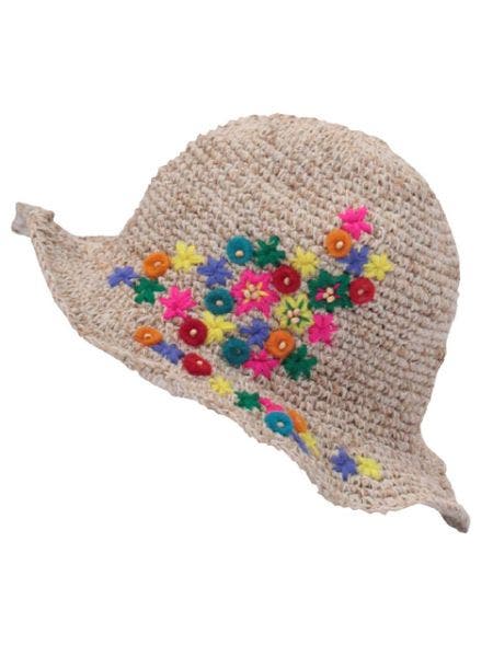 チャイハネ】フラワー刺繍入りヘンプコットンハット[品番