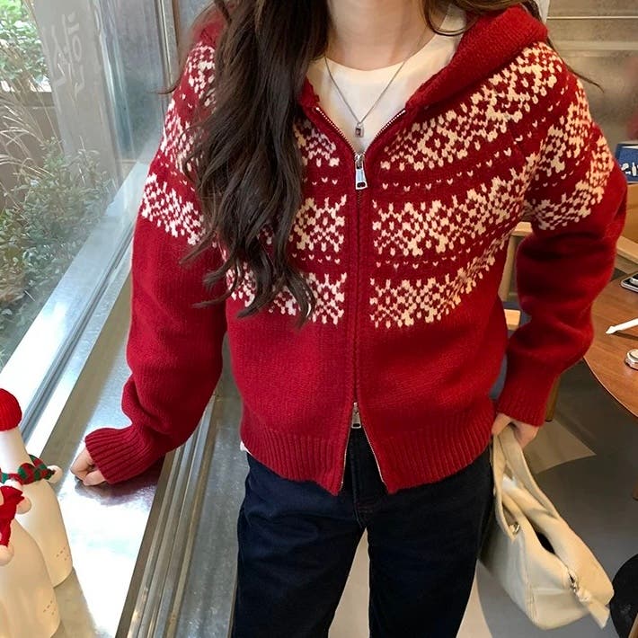 ノルディック柄フード付き ニット[品番：CROW0001272]｜Alvia