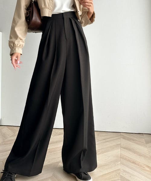 さらっと美脚。細見え2インタックハイウエストワイドスラックスパンツ