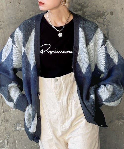 FRANCES LESLEY アーガイルモヘアニットカーディガン 毛足長