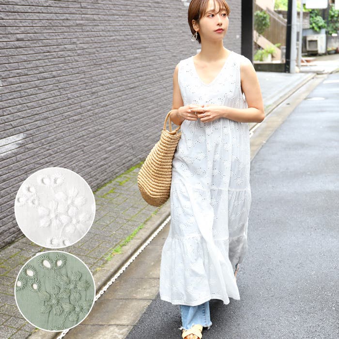 【伊藤】ジャスグリッティー コットンティアードワンピース ストライプ インドコットンアイレット刺繍ティアードワンピース【洗える