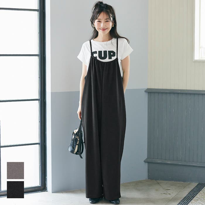 カットジョーゼットサロペットワイドパンツ[品番：PA000014401