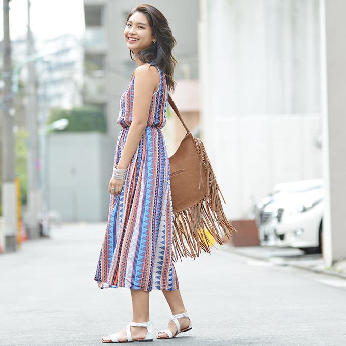 エスニック風カラフルノースリーブワンピース(【G】 ロングワンピース