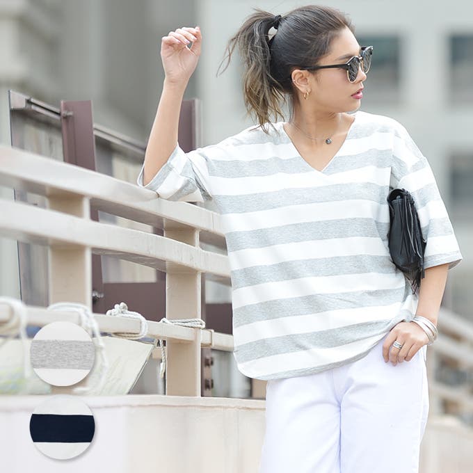 カジュアル ボーダー Vネック 背中開き 半袖 スリム トップス ゆったりボーダーVネックカットソー(トップス Tシャツ 半袖[品番
