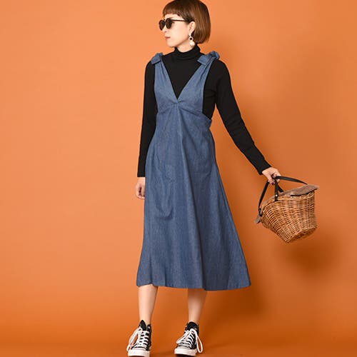  Jeans プレップ Vネック ジャンパー ワンピース 送関込 ROOP TOKYO ワンピース Vネックデニムジャンパースカート