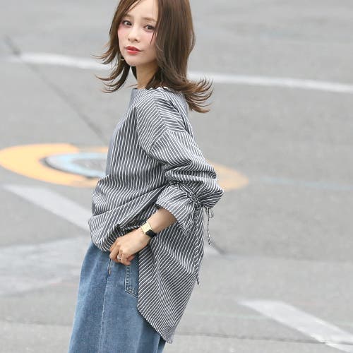 ボートネック袖リボンストライプブラウスcocaオリジナル 田中亜希子