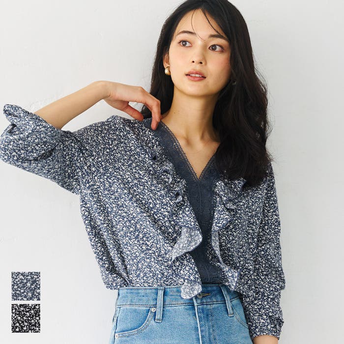 【美品】Rochas 花柄フリルシャツ Girly Doll ブラウス シャツ フリル花柄ブラウス レディース