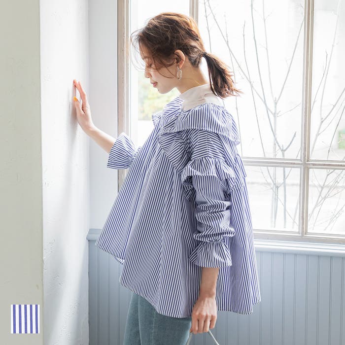 ジーフォア ゴルフ レディース ストライプシャツ フリル付きシャツ ジーフォア ゴルフ レディース ストライプシャツ フリル付きシャツ