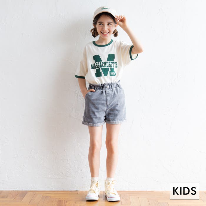 キッズ ガールズ 裾ロールアップデニムショートパンツ[品番