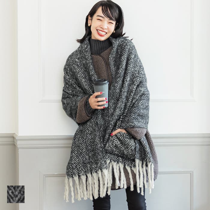 ねこちゃん★【美品】自由区 ダウン コート ショール ヘリンボーン M ヘリンボーン柄ポケット付きふわふわショール[品番：PA000012017