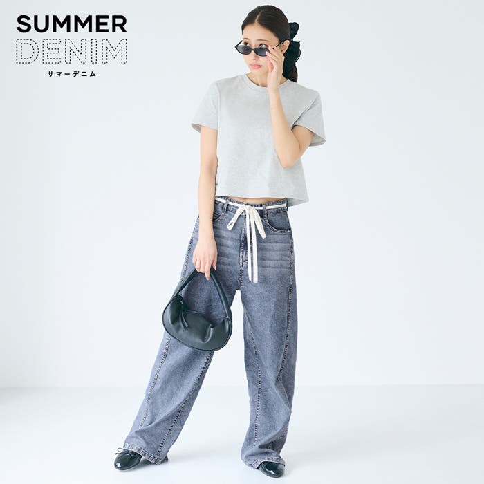 SUMMER DENIM】サマーデニム紐付きワイドパンツ[品番：PA000018250