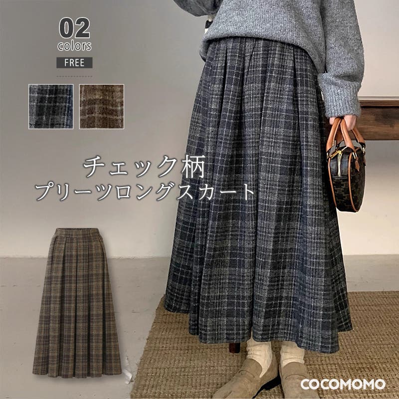 チェックスカート プリーツスカート ロングスカート[品番：COCW0006730