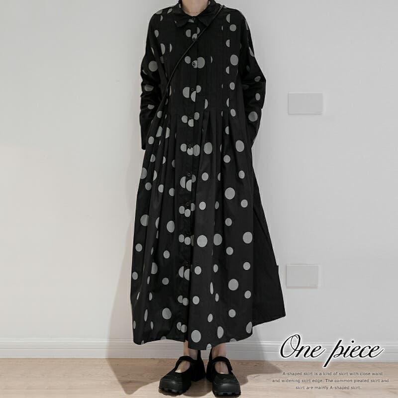 ドット柄ロング丈 シャツワンピース ロングワンピース[品番