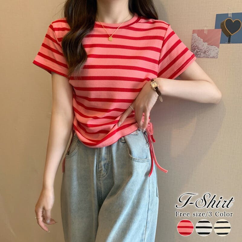 レディースボーダー半袖Tシャツ サイドリボンストリング ドロー