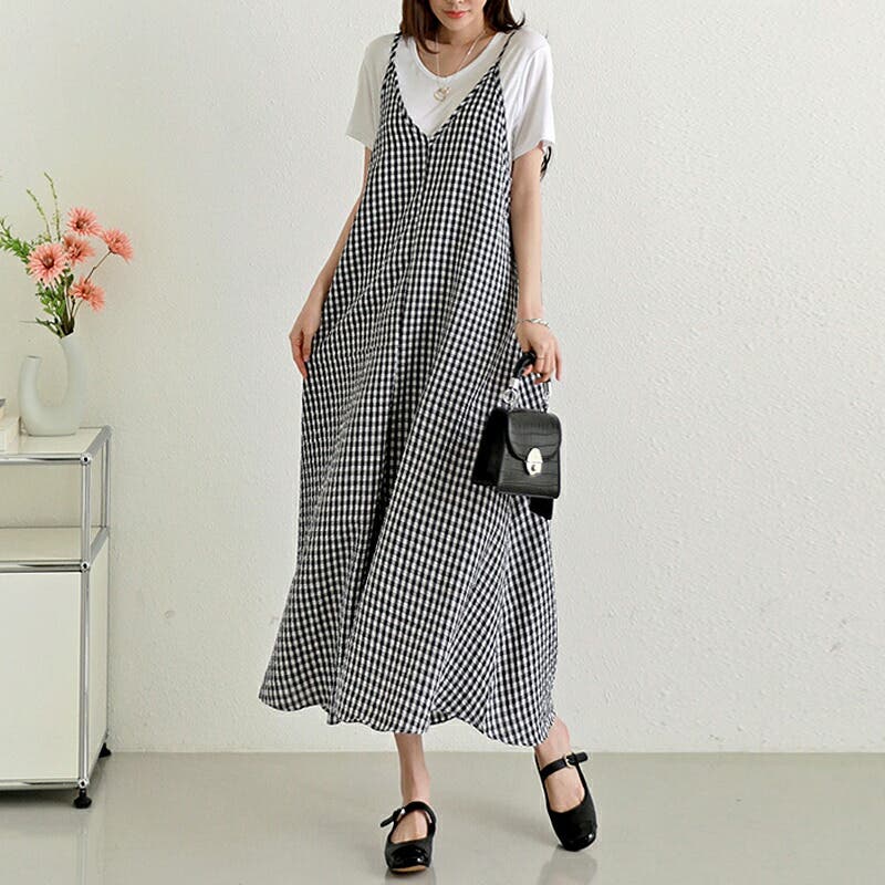 ギンガムチェック キャミソール ワンピース 黒 レディース ロング丈 Ⅱ ギンガムチェック キャミソール ワンピース 黒 レディース ロング丈 Ⅱ