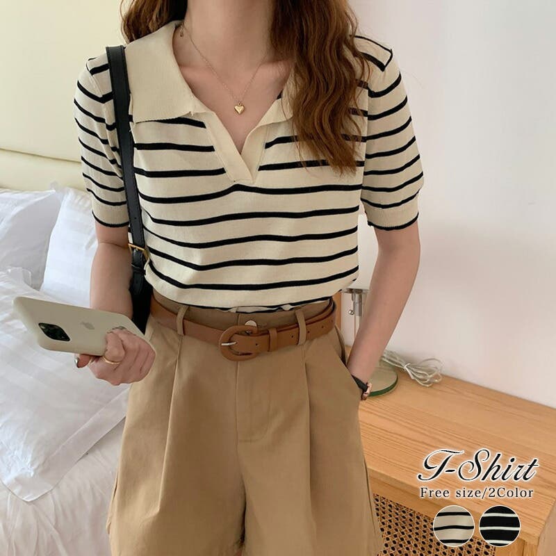 サマーニット 半袖ボーダーポロニット 半袖ニット[品番：COCW0004654