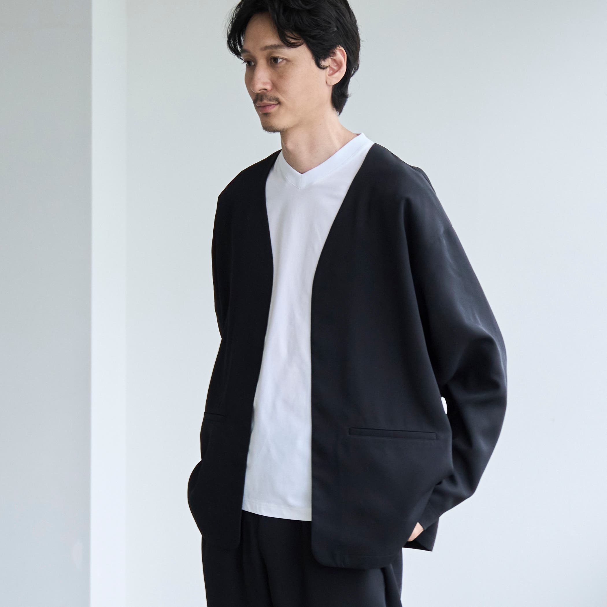 CLANE HOMME ウール ノーカラー ジャケット グレー2 クラネオム メンズのノーカラージャケット（グレー/灰色系）ファッション